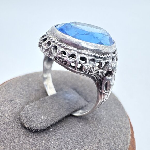 VTG Sterling Silver 925 Blue Cubic Zirconia Rope Border Statement Ring Size 6 - Picture 4 of 12